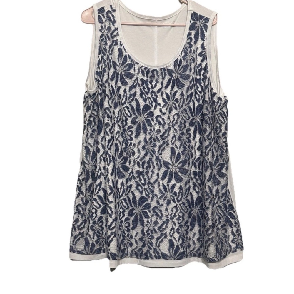 Catherine’s 2X Floral Lace Sleeveless Top - Blue and White